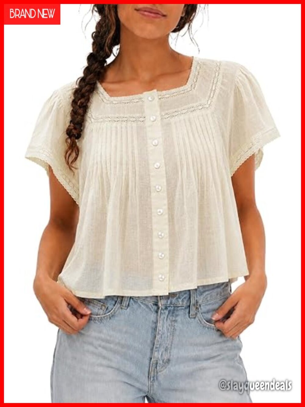 100% Cotton Lace Babydoll Top Square Neck Flutter Sleeve Button Down Crop Blouse - Picture 1 of 7